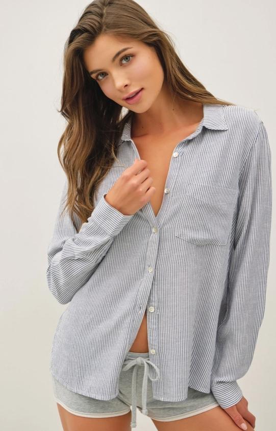 Linen Blended Stripe Boxy Shirt (Denim)
