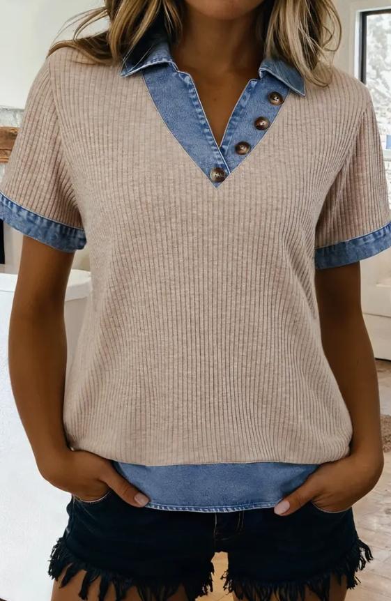 Ribbed Knit Denim Patchwork Collared Blouse