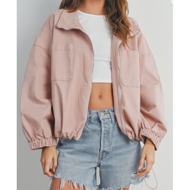 Dual Pocket Zipper Drawstring Hem Jacket (Mauve)