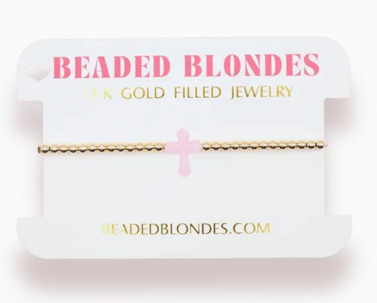 Beaded Blondes Pink Cross Bracelet On Gold