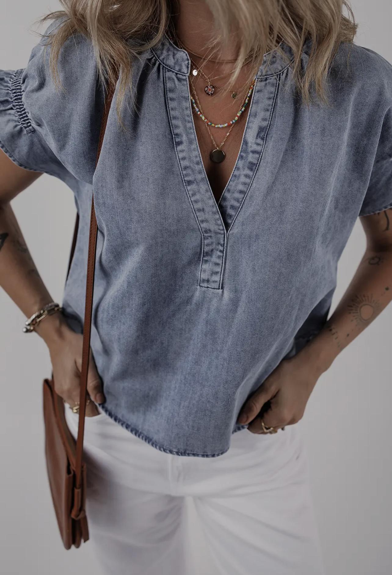Ruffled Short Puff Sleeve Denim Top