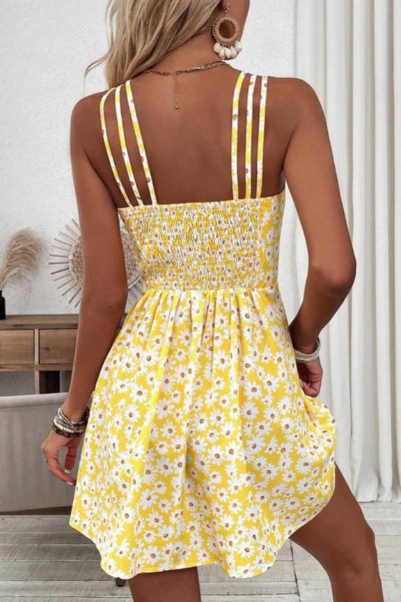 Short Waistline Yellow Floral Print Halter Dress