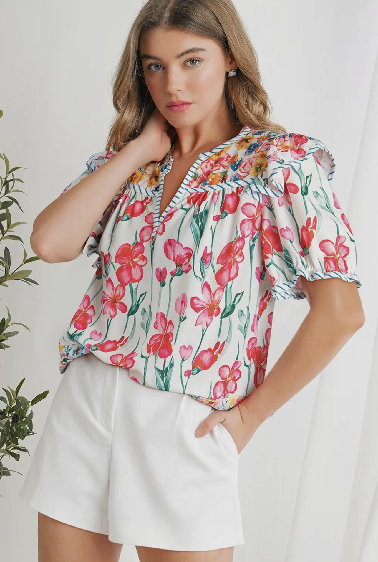 Floral Print Striped Detail Split Neck Blouse