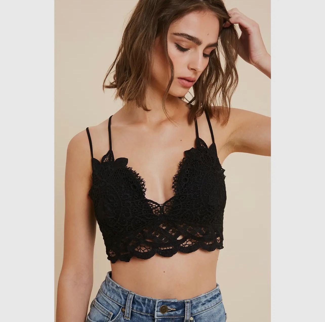Floral Scalloped Doily Crochet Lace Bralette (Black)