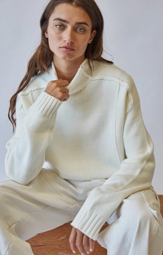 Mock Neck Cotton Blend Seam Sweater (Oatmeal)