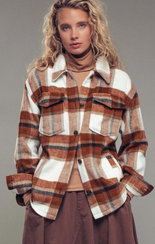 Plaid Button-Down Jacket (Clay)