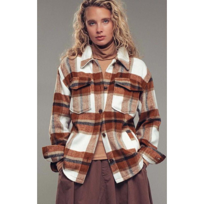 Plaid Button-Down Shacket (Clay)