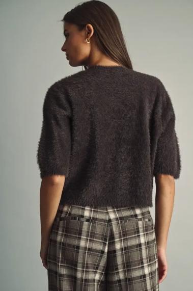 Fluffy Cropped Faux-Fur Sweater with Round Neck (Choco)