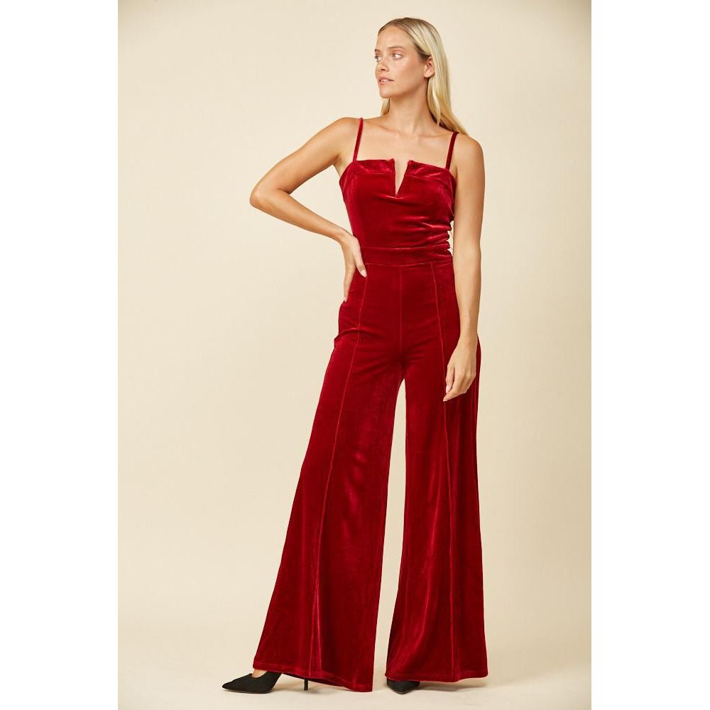 Structured V-Trim Velvet Jumpsuit (Wine)