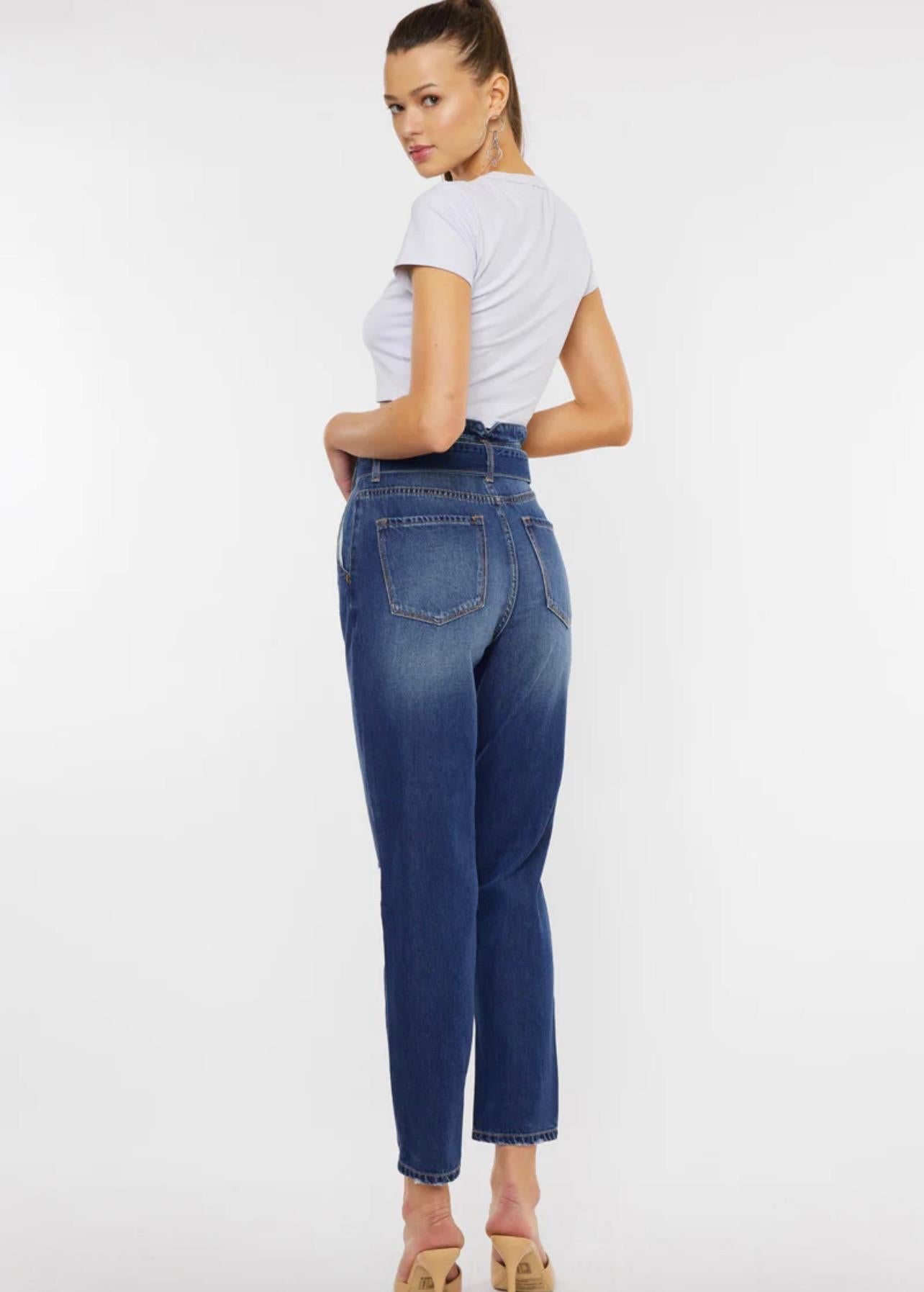 KanCan Blossom Ultra High Rise Belted Mom Jeans (Dark Wash)
