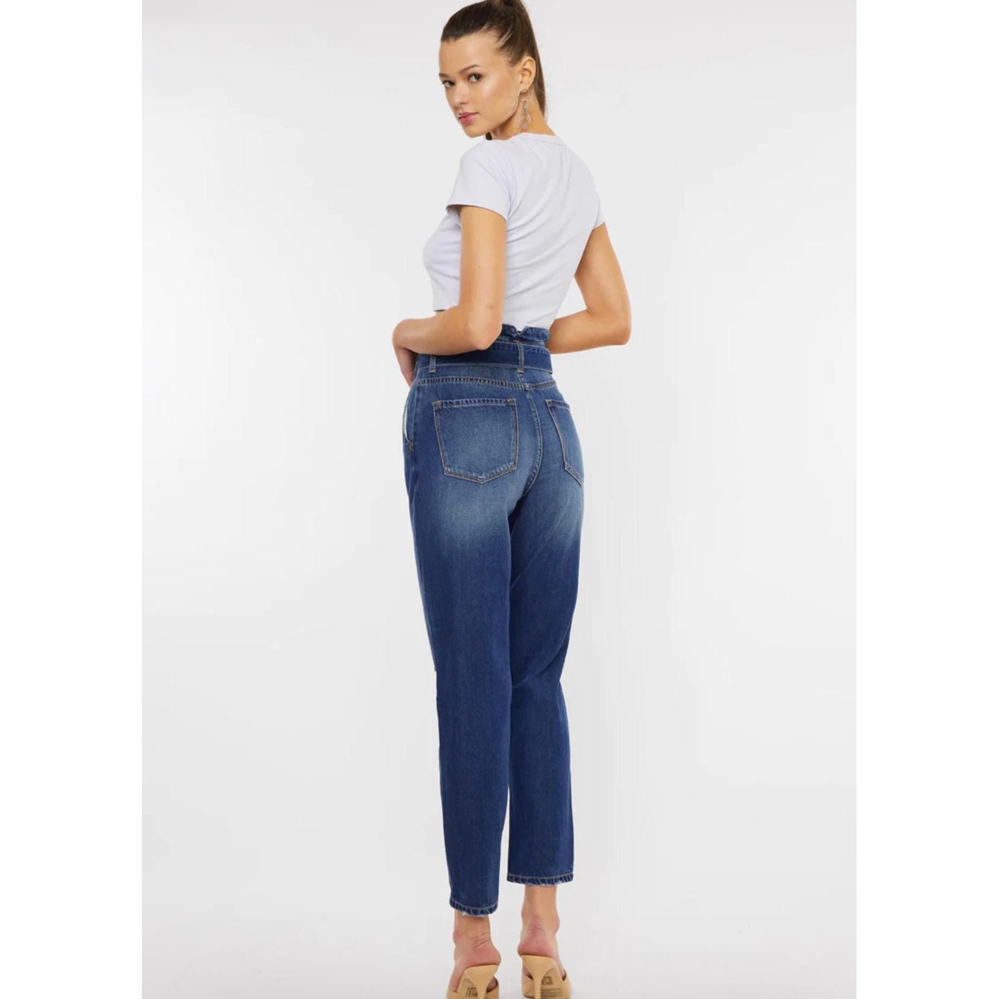 KanCan Blossom Ultra High Rise Belted Mom Jeans (Dark Wash)