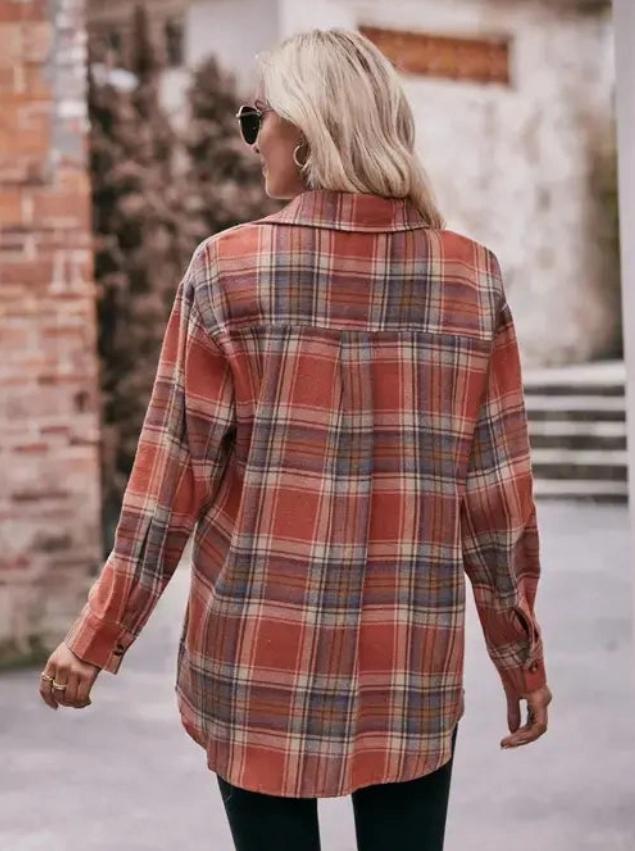 Womenâs Plaid Oversized Flannel Button Down Shirt (Caramel)