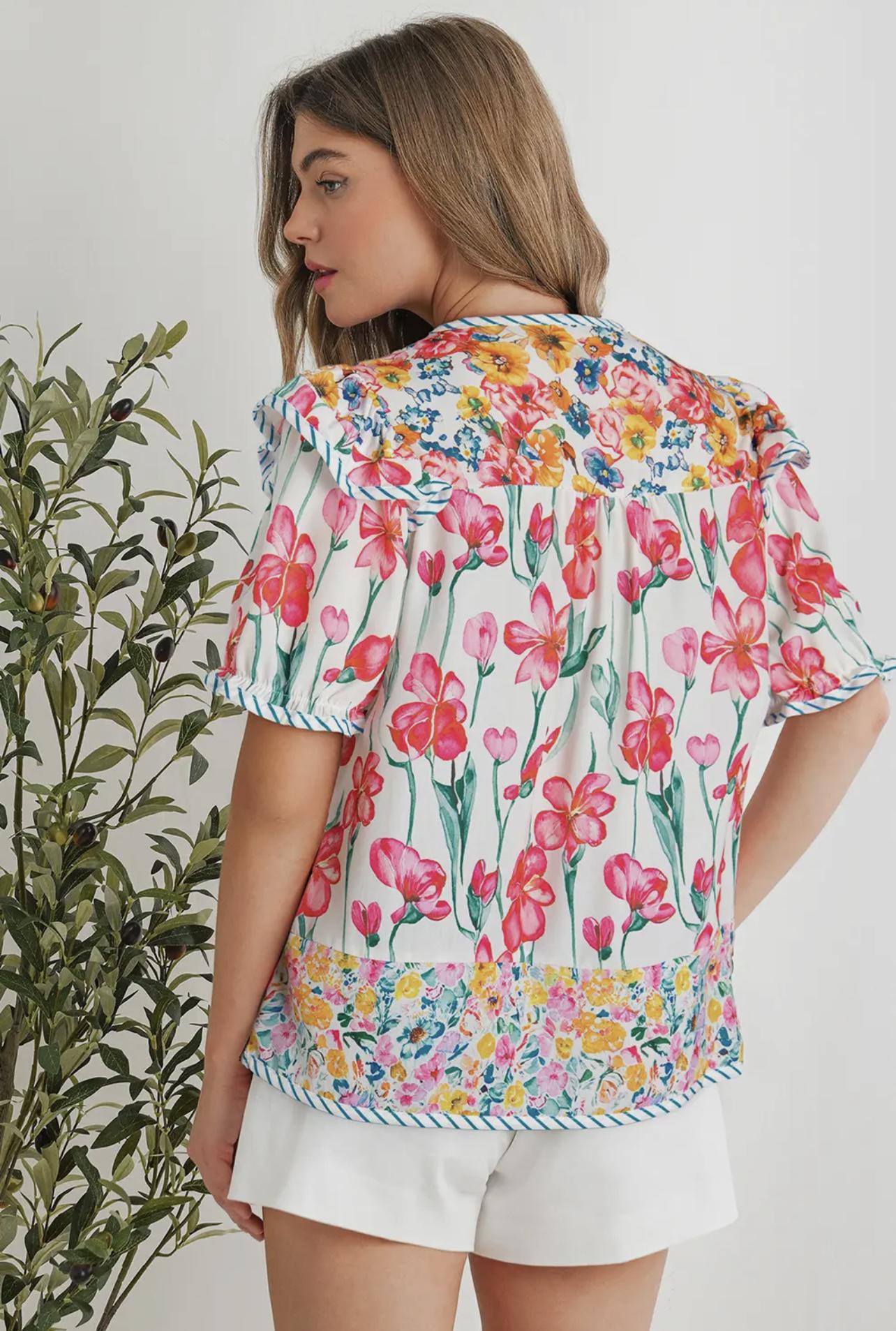 Floral Print Striped Detail Split Neck Blouse