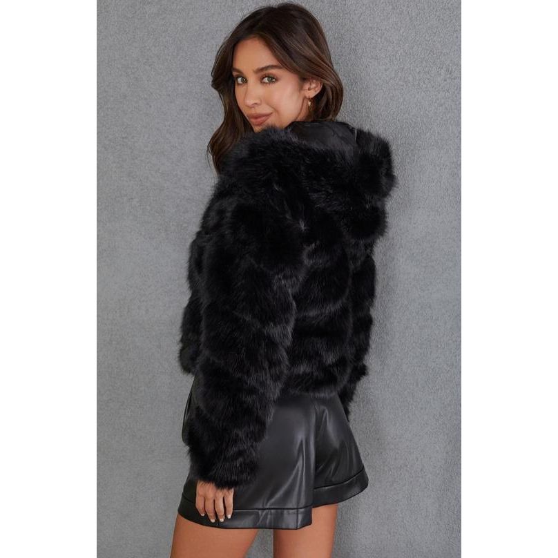 Black Faux Fur Cropped Hoodie Coat