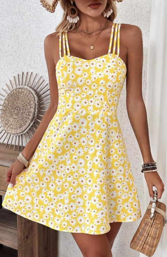 Short Waistline Yellow Floral Print Halter Dress
