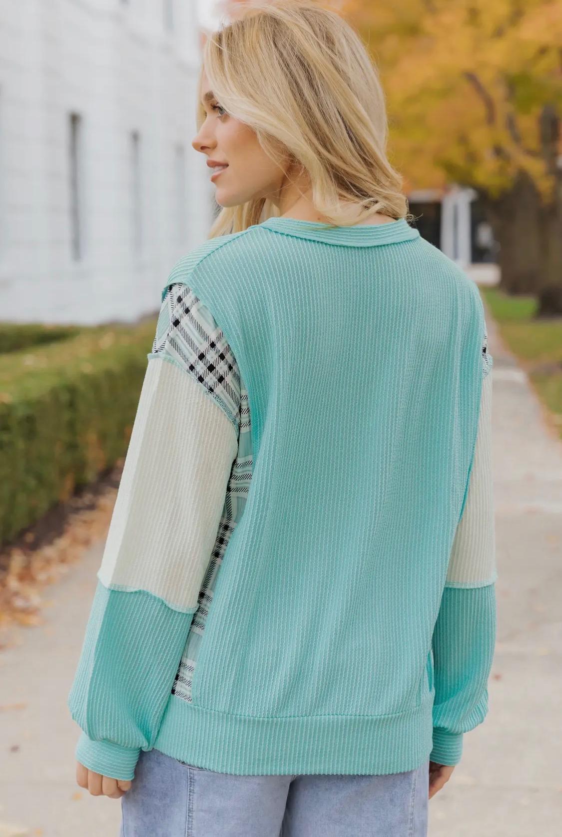 Patchwork Sleeve Blouse (Aqua)