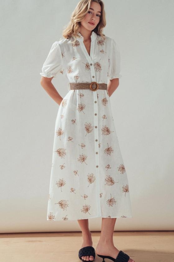 Embroidered Linen Blend Button Front Midi Dress (Ivory)