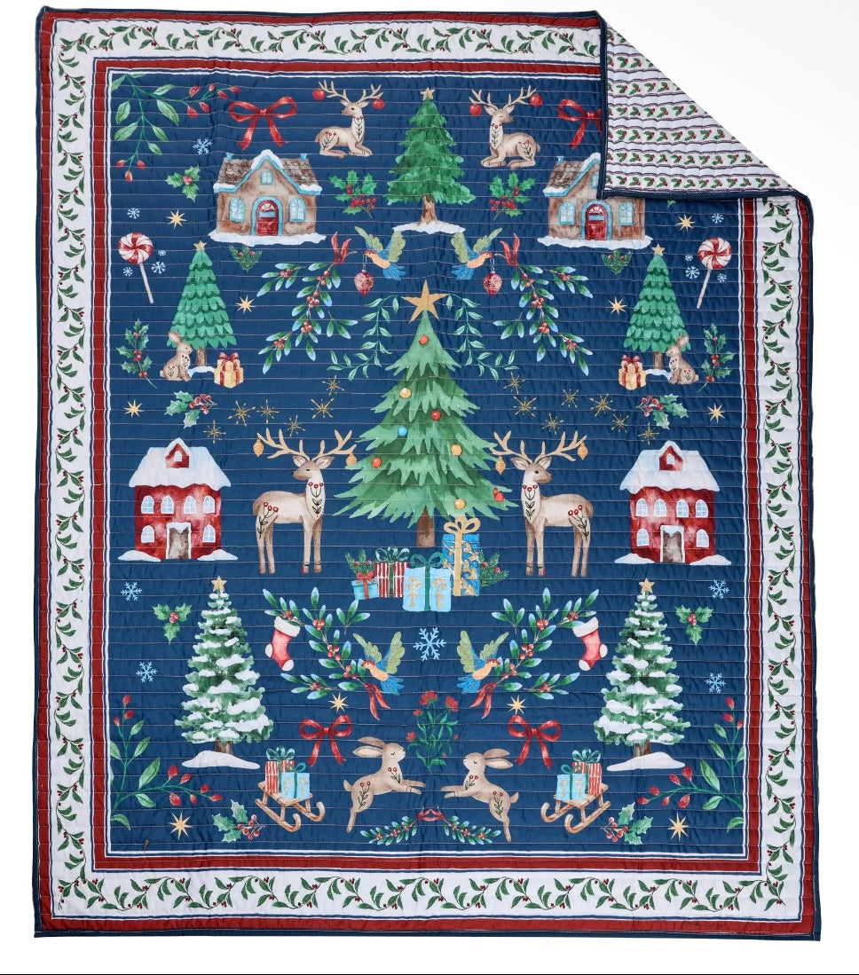 Christmas Cottage Quilted Throw 50” X 60”