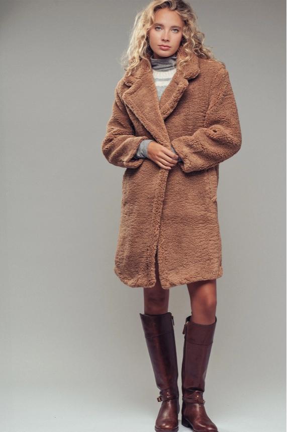 Cozy Longline Notched Lapel Teddy Coat (Camel)