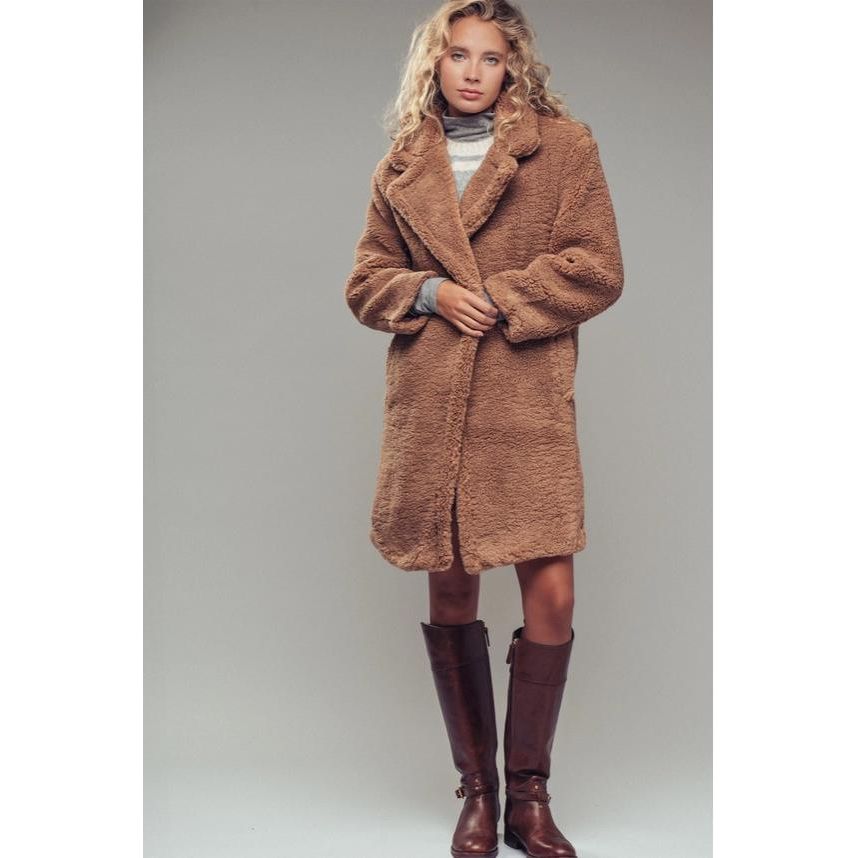 Cozy Longline Notched Lapel Teddy Coat (Camel)