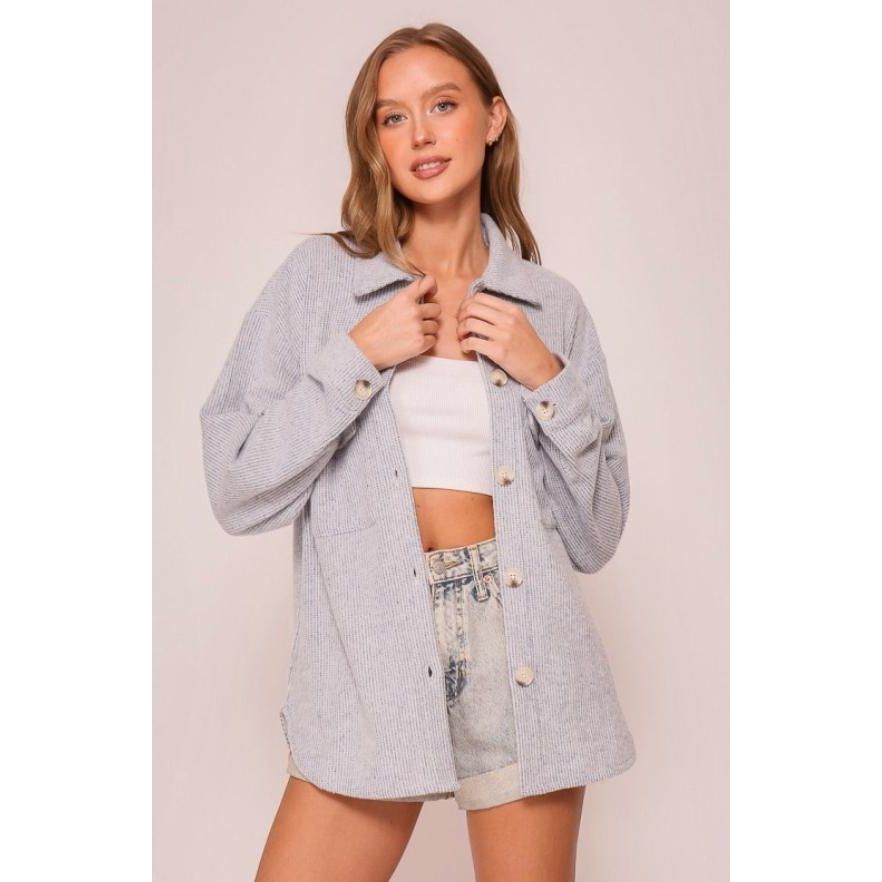 Long Sleeve Button Down Brushed Waffle Shacket (Denim Blue)