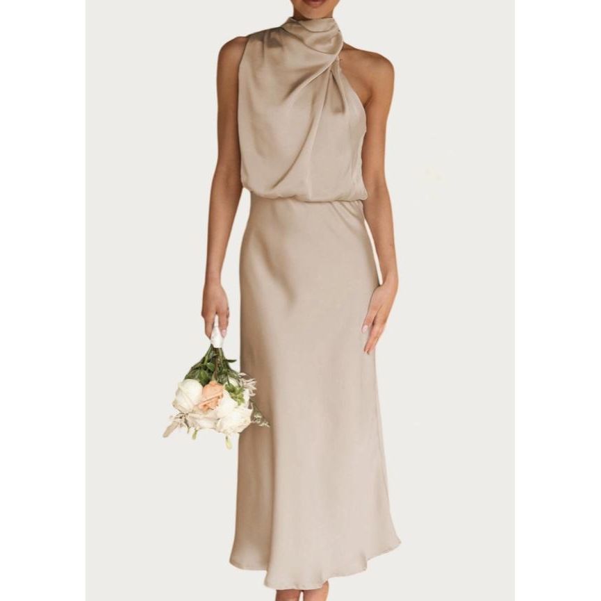 One-Shoulder Halter Formal Midi Dress (Apricot)
