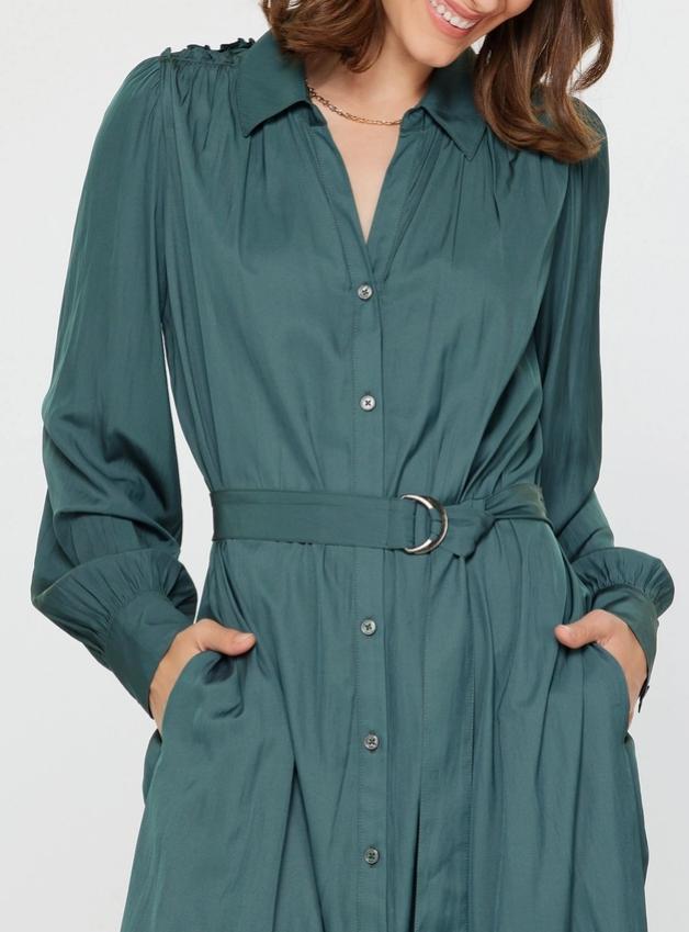 Button Down Midi Shirt Dress (Forest Green)