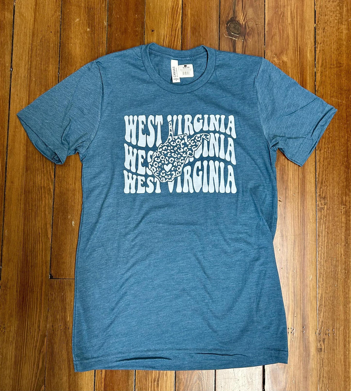 West Virginia Shirt Stacked West Virginia Leopard Map (Heather Deep Teal)