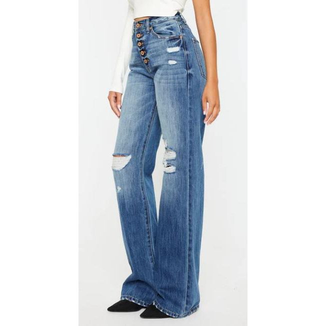 KanCan Ultra High Rise Exposed Button 90's Flare Medium Wash Jeans