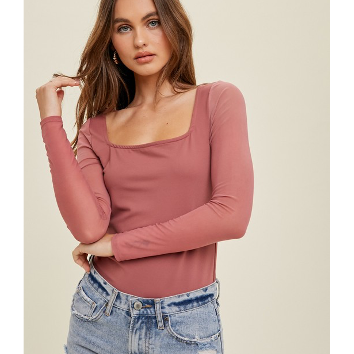 Mesh Contrast Sleeve Square Neck Knit Top (Sienna)