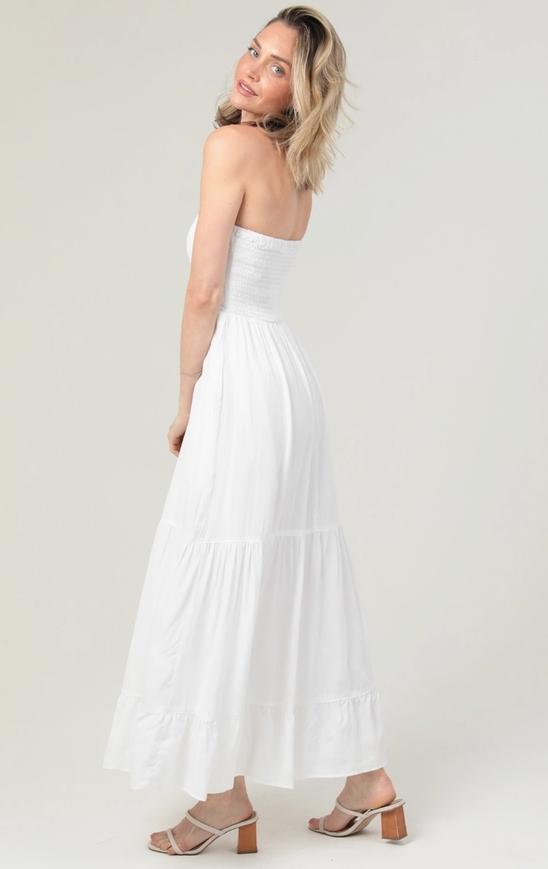 Smocked Sweetheart Bodice Strapless Maxi Dress (White)