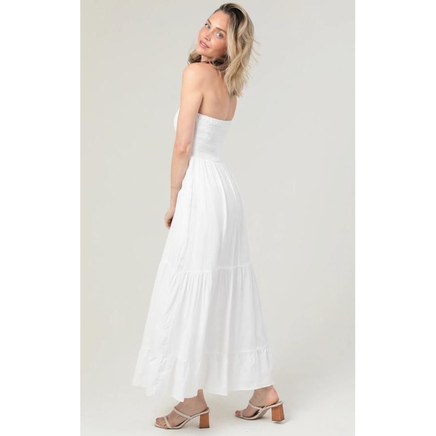 Smocked Sweetheart Bodice Strapless Maxi Dress (White)