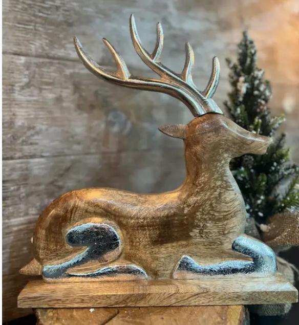Wooden Laying Deer with Silver Antlers