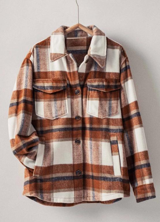 Plaid Button-Down Jacket (Clay)
