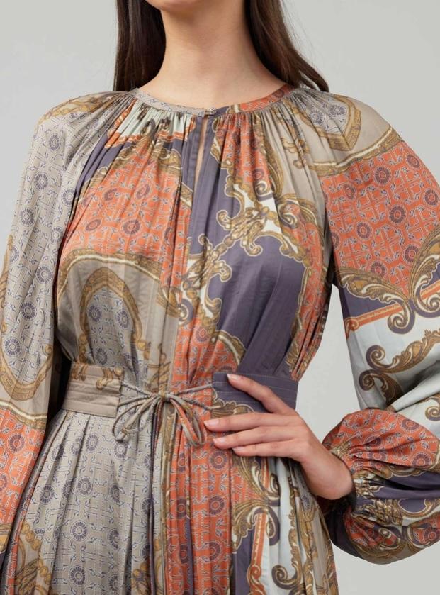 Heritage Chain Scarf Midi Dress (Brown Multi)