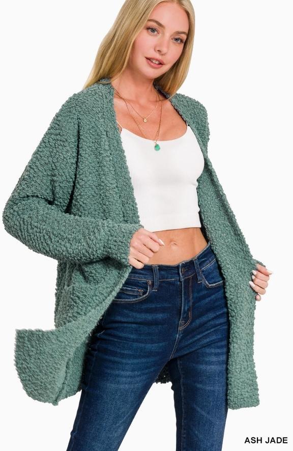 Long Sleeve Popcorn Sweater Cardigan with Pockets (Ash Jade)