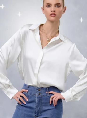 Luxe Silk Relaxed Button Down Minimalist Shirt (Seashell)