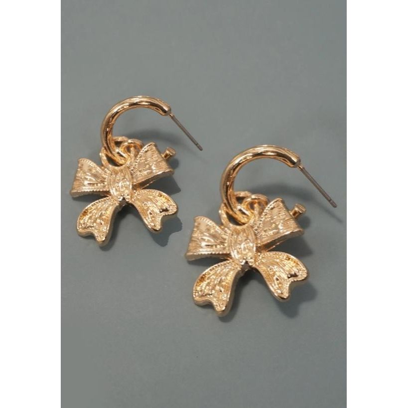 Textured Bow Drop Huggie Hoop Earrings