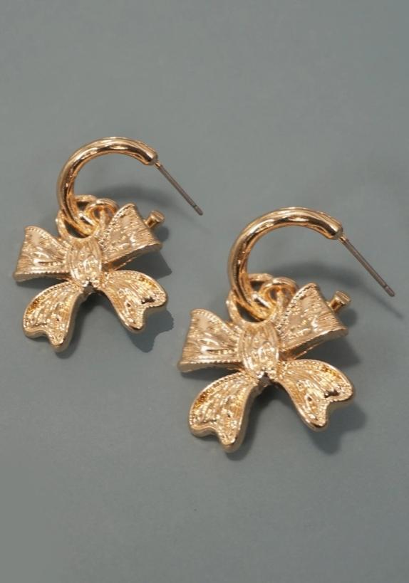 Textured Bow Drop Huggie Hoop Earrings