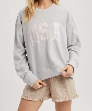 Multi-Print Patchwork USA Pullover (Heather Grey)