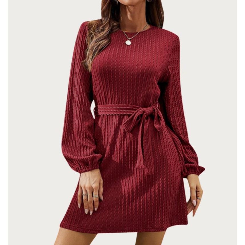Casual and Soft Textured Long Sleeve Knit Mini Dress (Burgundy)