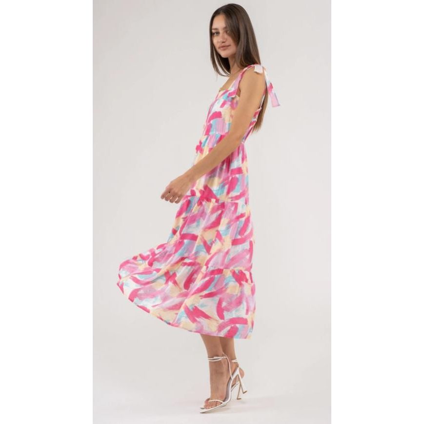 Brush Stroke Print Tiered Midi Dress (Fuchsia Multi)