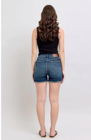 Judy Blue Tummy Control Fray Hem & Shield Back Pockets Denim Shorts