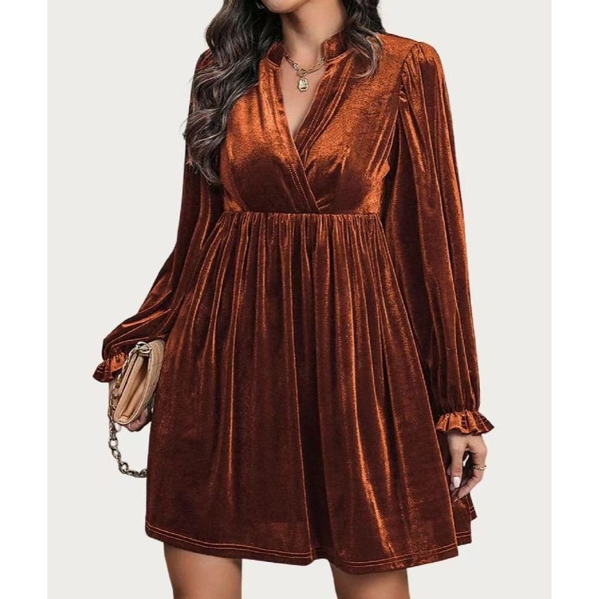 Charming Cutie Velvet Surplice Neck Relax Fit Mini Dress (Brown Orange)
