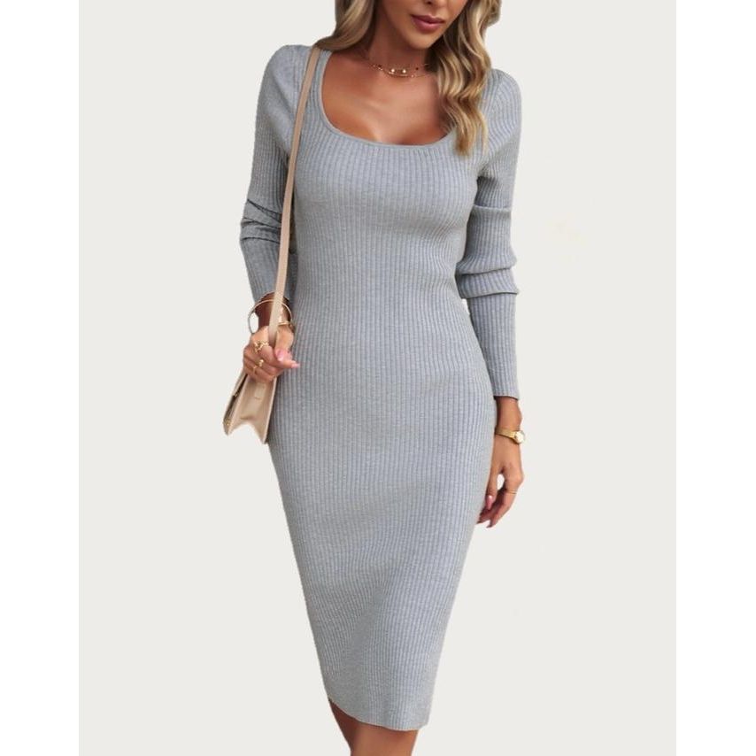 Classic Solid Ribbed Knit Long Sleeve Bodycon Midi Dress (Grey)