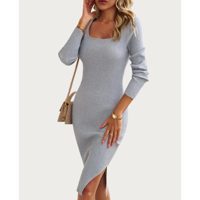 Classic Solid Ribbed Knit Long Sleeve Bodycon Midi Dress (Grey)
