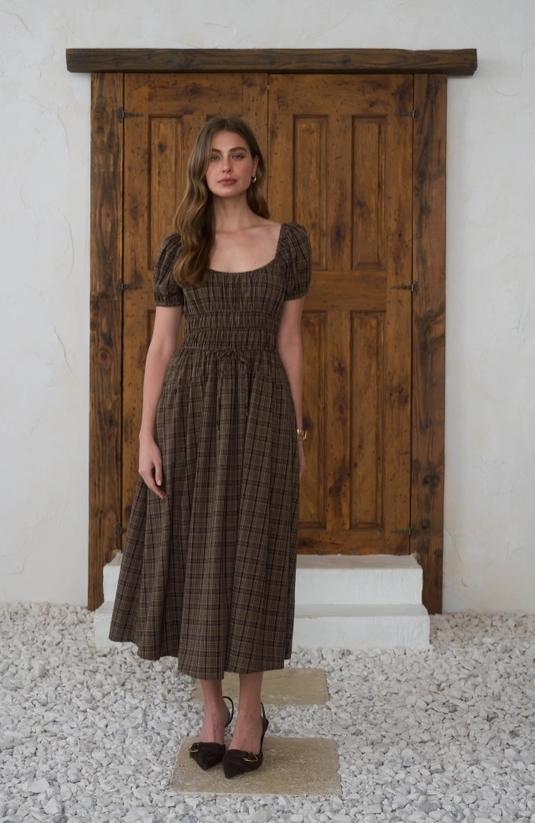 Plaid Shirred Puff Sleeve Front Tie Midi Dress (Mocha Multi)