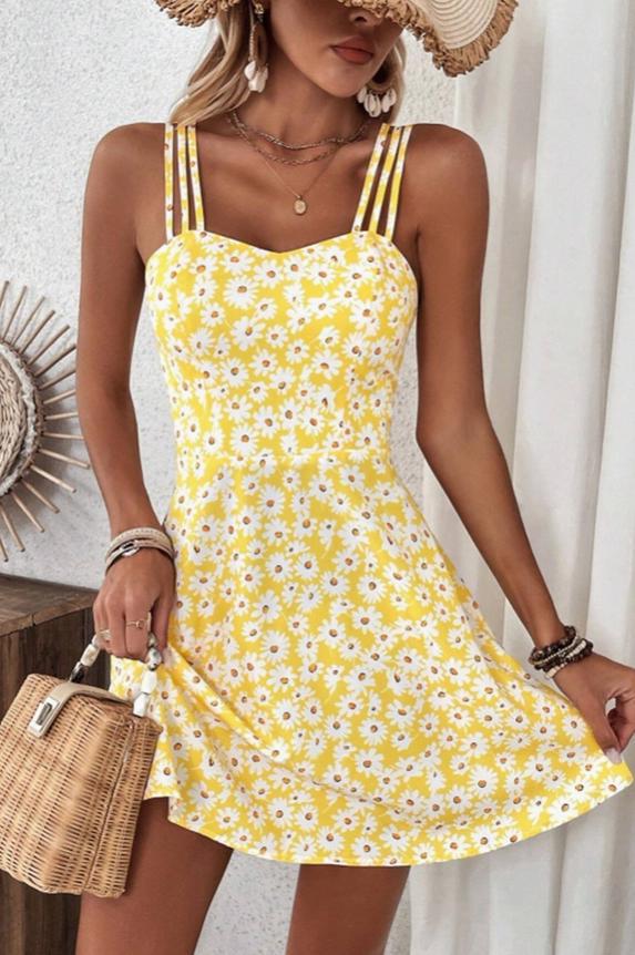 Short Waistline Yellow Floral Print Halter Dress
