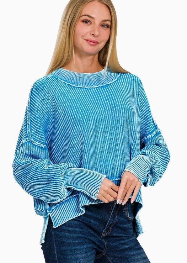 Washed Side Slit Oversized Cropped Sweater (Deep Sky)