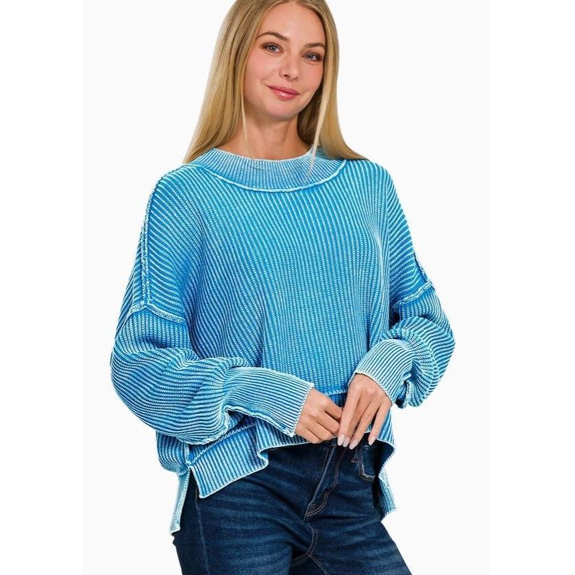 Washed Side Slit Oversized Cropped Sweater (Deep Sky)